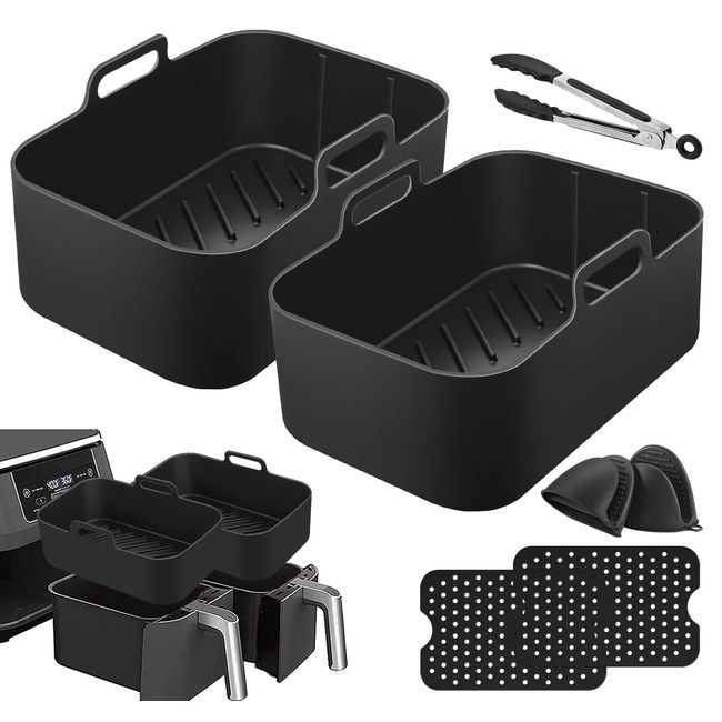 Mocraft Silikon Backform für Heißluftfritteuse Wiederverwendbarer Silikonform Silikon Airfryer Zubehör Air Fryer Silikon Topf Heißluftfritteuse Korb für Ninjas Dual Air Fryer Ofen Mikrowelle (Schwarz)