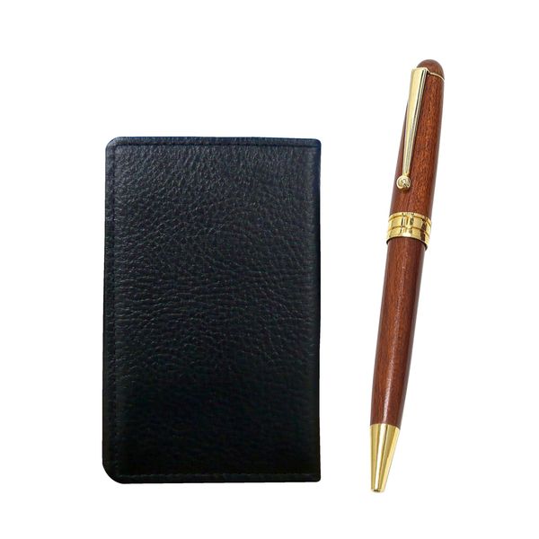 MEIB-1455 Grain Cowhide Black Business Card Holder Wooden Axis Retro Rotating Ballpoint Pen Exercise Set
