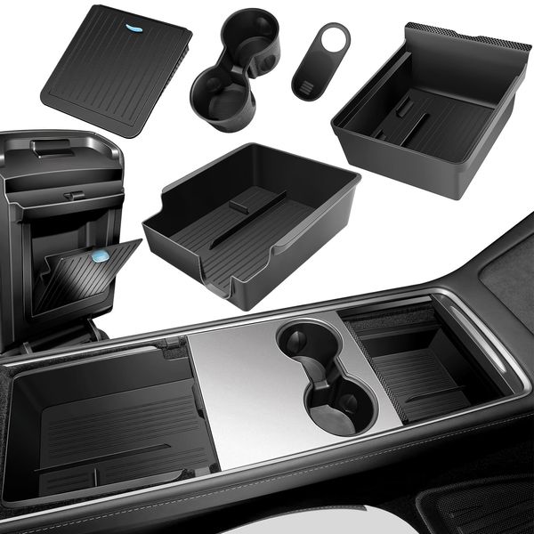 XINTUO 5Pcs Center Console Organizer Tray Compatible for Tesla Model 3 Model Y Accessories 2024 2023-2021 Armrest Hidden Drawer Storage Box Cup Holder [Not Compatible for Model 3 2024]