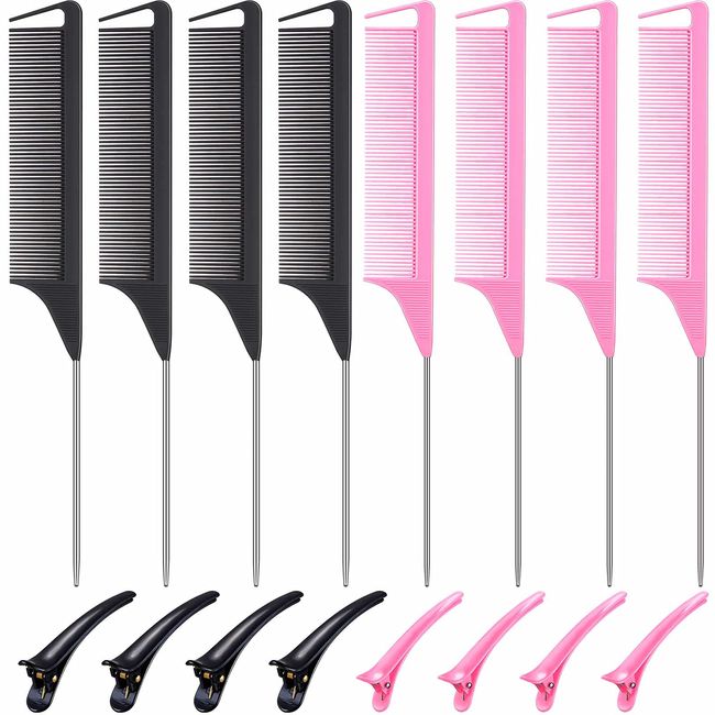 16 Pieces Parting Comb Sectioning Clips Set, Carbon Stainless Rat Tail Combs Pintail Comb and Duckbill Hairpin Barber Teasing Parting Styling Combs for Hair Styling Hairdressing (Black and Pink)