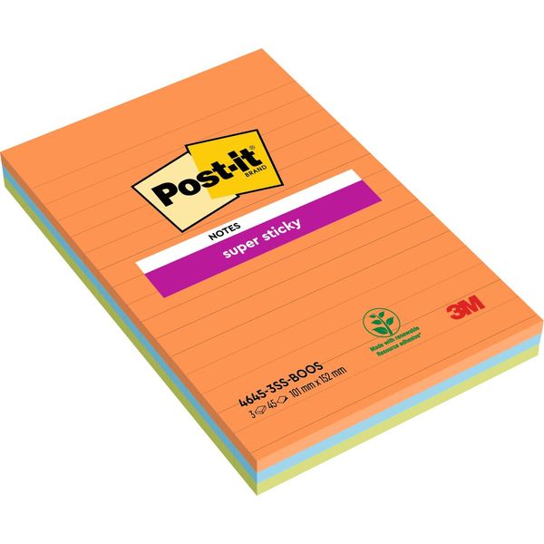 Post-it Super Sticky Notes, Boost Colour Collection, lined, 101 mm x 152 mm, 45 Sheets/Pad, 3 Pads - Self-stick Notes For Note Taking, To Do Lists & Reminders