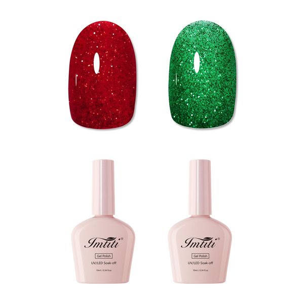 Imtiti Glitter Gel Nail Polish Set, Christmas Red and Green Glitter Gel Polish Soak Off LED UV Shimmer Sparkle Nail Gel Polish DIY Nail Art Starter Manicure Salon Gel Nail Polish Kit 10ML