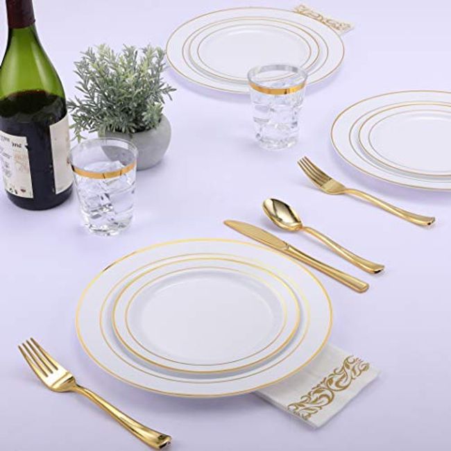 Disposable Plastic Plates White Gold Rim 7.5/10.25 Heavy Duty