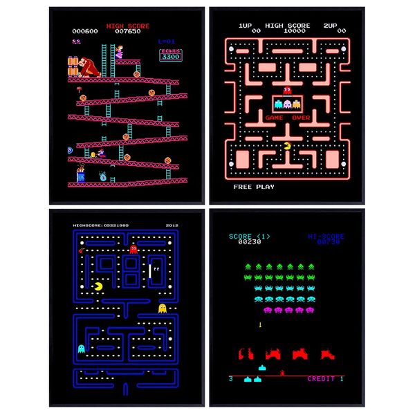 Classic Arcade Games Wall Art Prints - Arcade Decor - 8x10 Set for Man Cave, Den, Family Room, Bar, Bedroom - Gift for Gamers, Video Game, Pacman, Ms Pacman, Donkey Kong, Space Invaders Fans