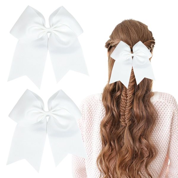 2 Pcs White Cheer Bows 8" Bows Hair Ties Ponytail Holder Large Bows Ribbon Hair Ropes Cheerleading Bows Rubber Bands Hair Accessories for Cheerleaders Women Toddler Teen Girls Sport Party Favor