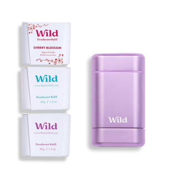 Wild - Purple Case with Refill Variety Pack (3 x 40g) - Natural Refillable Deodorant - Aluminium Free - Includes Fresh Cotton & Sea Salt, Cherry Blossom and Coconut & Vanilla Scents - Vegan