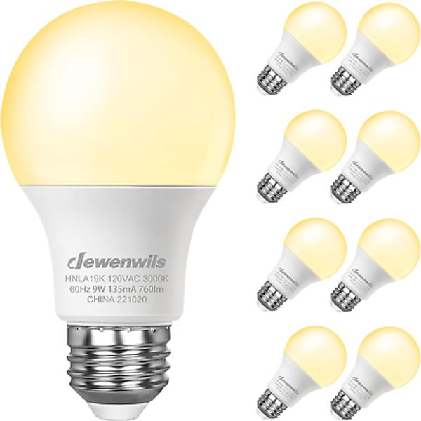 DEWENWILS 8-Pack A19 LED Light Bulb, 760LM, 3000K Soft Warm Light Bulb, Energy S