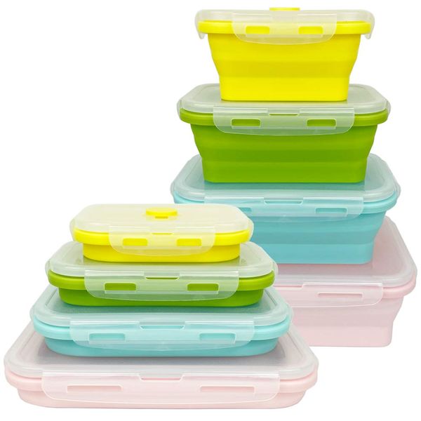 Ewrap Collapsible Food Storage Containers Silicone Collapsible Bowls with Airtight Lids for Camping - Set of 4 Silicone Food Storage Containers - BPA Free, Microwave and Freezer Safe