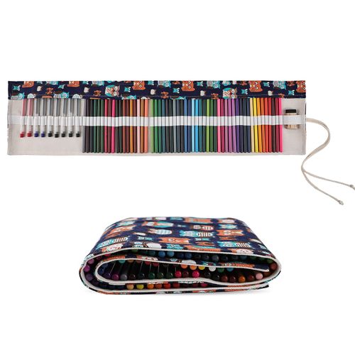 Surblue Canvas Pencil Case Pencil Roll Wrap with 72 Slots Coloring Pencil Holder Organizer Paint Brush Storage Pouch Portable for Artist, Writer (Navy Owl