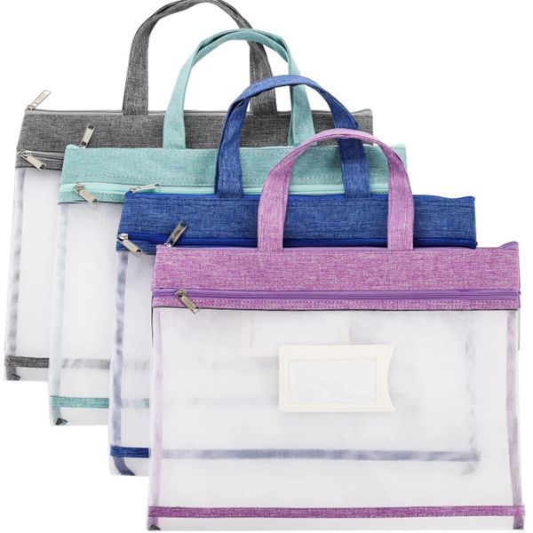 4 Pack Student Book Pouches, A4 Mesh Zipper Bag with Handle, File Document Pu...