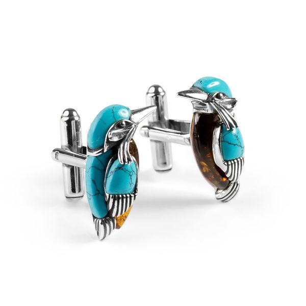 HENRYKA 925 Sterling Silver Kingfisher Bird Cufflinks | Baltic Amber & Turquoise Men Cufflinks | Fathers Day Gift Idea