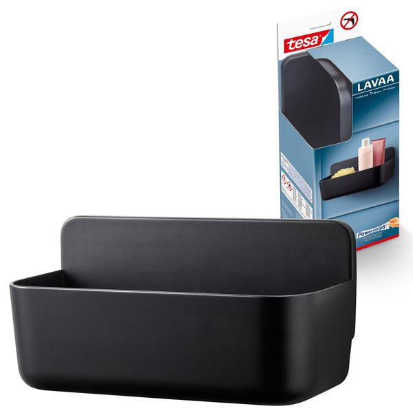 tesa Lavaa Shower Basket M, Matt Black - Shower Shelf for Wall Mounting No Drilling Includes tesa Powerstrips Waterproof Strips XL - 260 mm x 130 mm x 110 mm