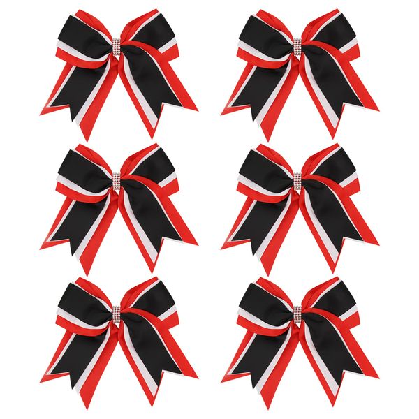 8 Inch 3 Colors 3 Layers 6 Pcs Cheerleader Bows Jumbo Cheerleading Bows Hair Elastic Hair Tie for High School College (Red/White/Black)