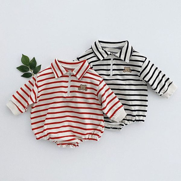 Baby Striped & Cartoon Patched Graphic Polo Neck Long Sleeves Bodysuit Onesies - 66 (3-6M) / Black