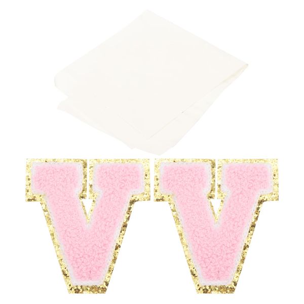 PATIKIL Bügelbuchstaben-Patches, 2er-Pack Chenille-Glitzerbuchstaben-Patches, gesticktes Patch mit Klebeband zur Reparatur von Handwerk, Pink, Buchstabe V