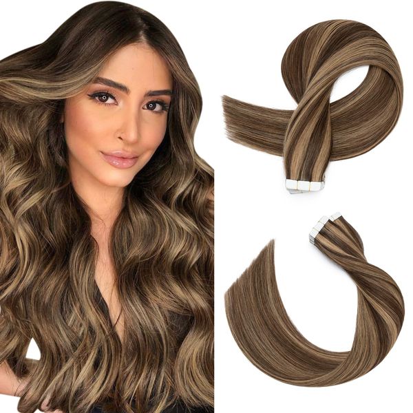 SEGOHAIR Invisible Tape Extensions Echthaar,45.7cm Klebe Unsichtbare Tape Extensions Echthaar 10Stück Echthaar Extensions Tape Glatte Natürliche Haarverlängerungen Mittelbraun gemischtes Dunkelblond