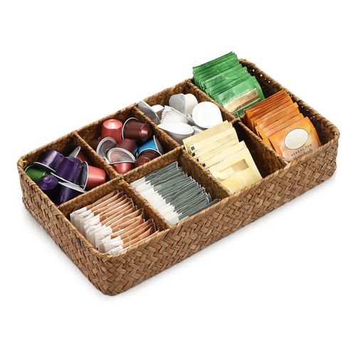 ELLDOO Tea Bag Organizer Tray, 8 Sections Sugar Packet Holder Coffee Pod Storage Condiment Organizer Seagrass Divided Basket for Pantry Drawer Shelf Countertop, Brown