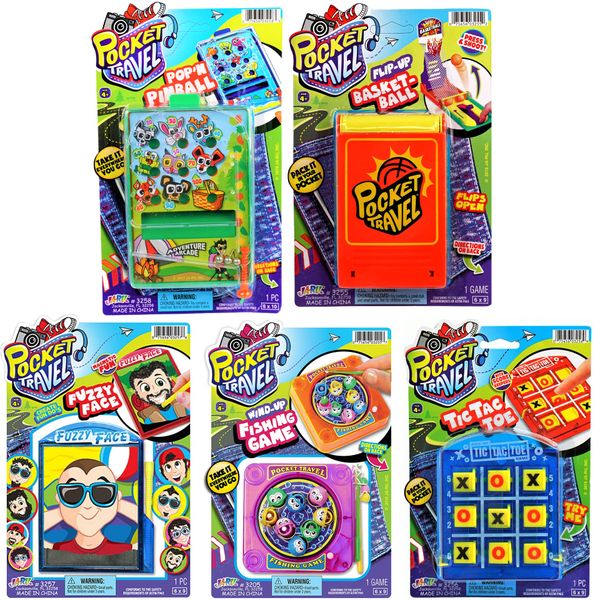 JA-RU Pocket Travel Toy Set (5 Toys) Kids Mini Handheld Games. Pinball Machine, Finger Basketball, Fishing Game, Magnetic Beard, & Small Tic Tac Toe. Party Favors. 3255-3258-3257-3205-3256p