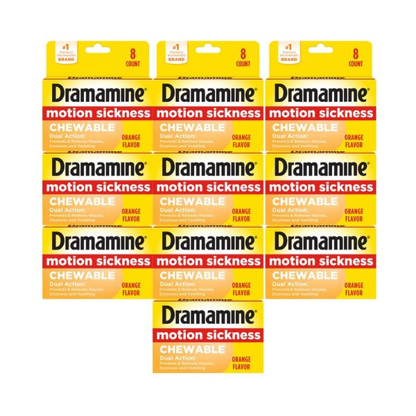 Dramamine Motion Sickness Relief, Chewable Orange Flavor, 8 Count (Pack of 10)