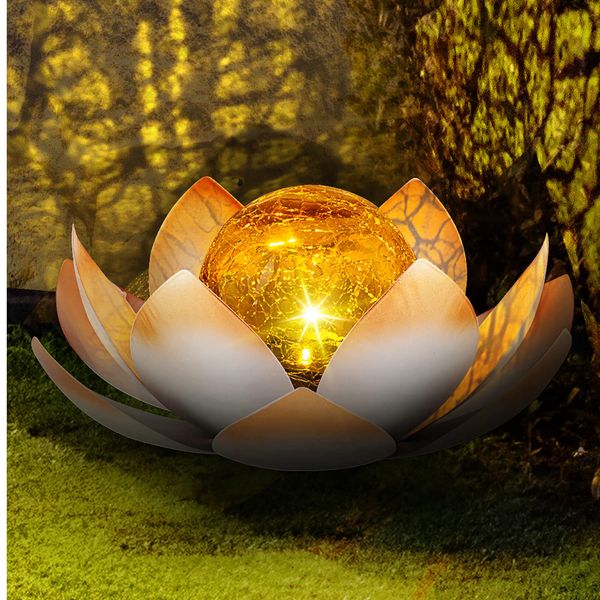 Huaxu Solar Powered Garden Lights, Outdoor Decorative Lotus Art Cracked Glass Ball Metal Waterproof Light for Pathway, Lawn, Patio, Yard