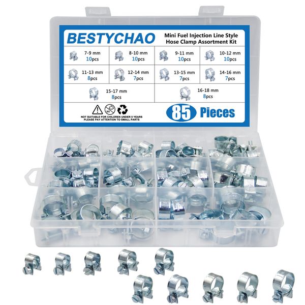 BESTYCHAO Mini Fuel Injection Hose Clamps Zinc Plated 85pcs 7-18mm Range Adjustable Hose Clips Assortment Petrol Pipe Clamps for Automobiles, Tractors, and Other Areas (Sliver)