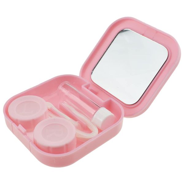 HAHIYO Contact Lens Case Box Holder Kit with Mirror Durable Leakproof Light Convenient Left/Right Eyes Contact Lens Container Soak Storage Kit with Tweezer Remover Tool Solution Bottle, Pink 2 Pack