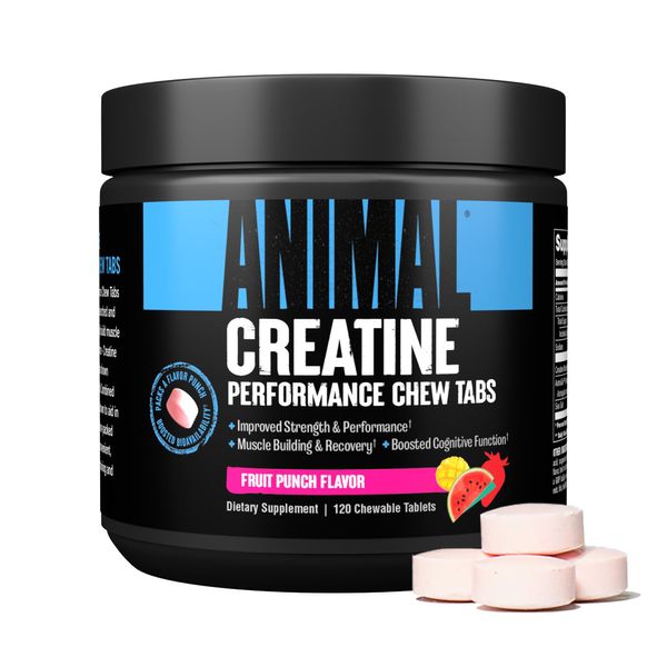 Animal Creatine Chews Tablets - Creatine Monohydrate Chewable Muscle Builder with Sea Salt & Nootropic AstraGin for Added Absorption, Delicious and Convenient for Men & Women - 120 Count - Fruit Punch