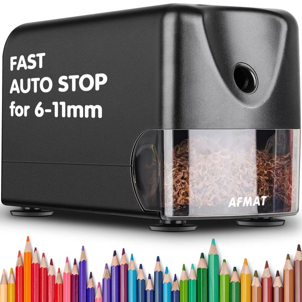 AFMAT Heavy Duty Electric Pencil Sharpener, Classroom Pencil Sharpeners for 6-11mm No.2/Colored Pencils, Pencil Sharpener for Large Pencils, Auto Stop, Sharp Point, Save Pencils, Teachers Must Have