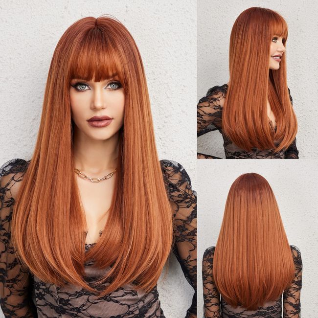 HAIRCUBE Auburn Perücke mit Pony, langes rotes Haar, natürliches Aussehen, hitzebeständige Synthetikperücke, geeignet für den täglichen und festlichen Gebrauch bei modebewussten Frauen, 26 Zoll.