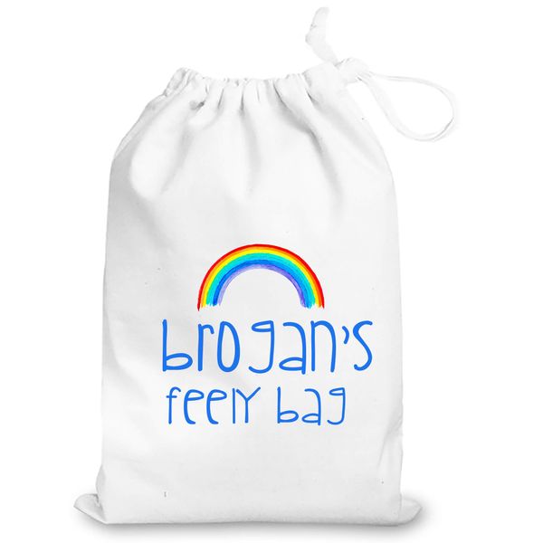 Busy Hands & Feet Personalised White Feely Bag Drawstring Bag (Blue Text)
