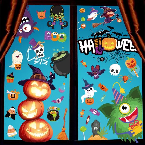 NMKL Halloween Window Stickers - Double Sided Window Decorations, 10 Sheets - Cute Monster & Witch Decals