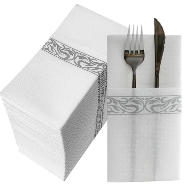 CHEERDO Silver Napkins,Disposble Linen Feel Napkins, Built-in Flatware Pocket, Decorative Wedding Napkins,Party Napkin, Soft, Strong, Absorbent,Pack of 50