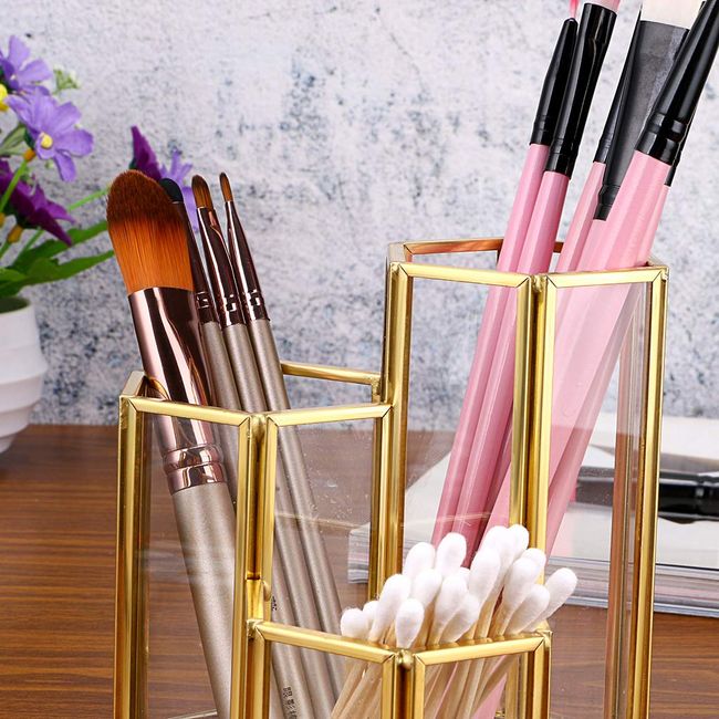  Hipiwe 3 Slots Glass Makeup Brush Holder - Gold Hexagon  Cosmetics Brush Eyeliners Display Cup Home Decorative Makeup Organizer  Desktop Pen/Pencil Pot Holder for Office : Beauty & Personal Care