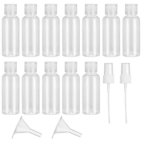 12 Pcs 50 ml Travel Bottles Set, Empty Plastic Travel Bottles Containers, Clear Refillable Travel Bottles for Travel, Toiletries, Liquid, Cosmetic, with 2 Funnels and 2 Nozzles