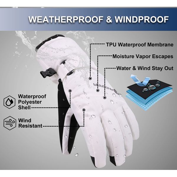 ANDORRA Snow Gloves Women Touchscreen Zipper Pocket Ski Gloves Waterproof Gloves Women, White, S