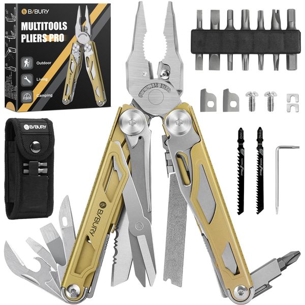 BIBURY Multitools, Multi Tool Foldable Pliers with Upgraded Scissors and Screwdriver Set, Stainless Steel Multitools, Ideal for Camping, Outdoor, Repairing -Gift for Dad Men -Titanium Plating Gold Pro