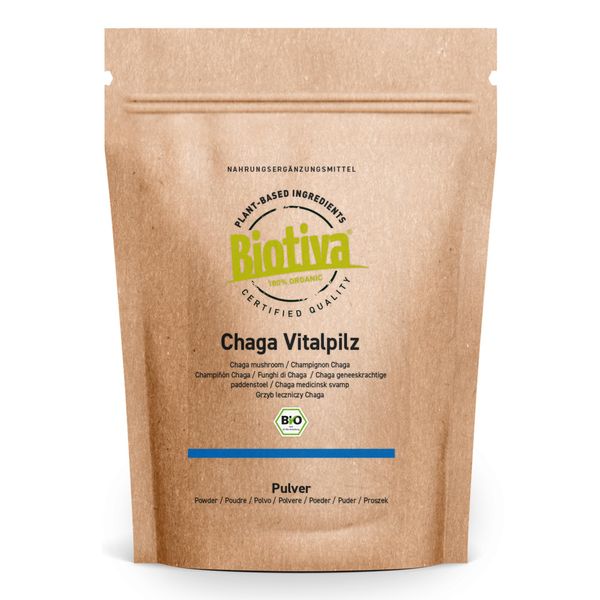 Chaga Pilz Pulver Bio 125g - Wildsammlung - Vitalpilz - Schiefer Schillerporling - Abgefüllt und kontrolliert in Deutschland - Biotiva