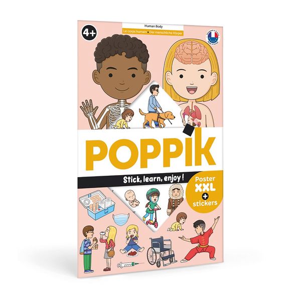 POPPIK 1841222 Sticker Poster, Human Body, Interactive Learning Poster with Removable Stickers, Multilingual Knowledge Poster, for Ages 4+, 68 x 100 cm