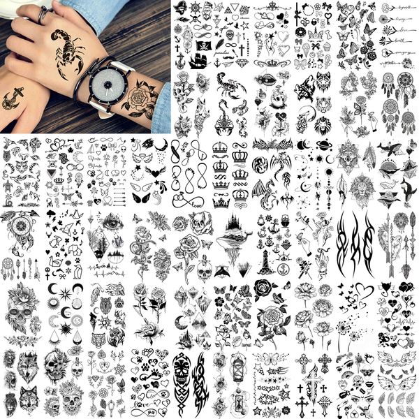 FANRUI 52 Sheets Creative Black Tiny Crown Infinity Triangle Fake Tattoos For Men Women Realistic Stars Letters Tattoos For Kids Tattoos Temporary Waterproof Arm Hand Face Finger Neck Tatoo Stickers