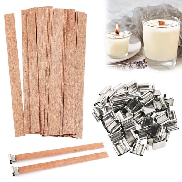 25PCS Wood Wicks for Making Candles Kit, 5" Trimable Natural Wooden Candle Wick with 25 Iron Stand for Handmade DIY Scented Candle Holder Craft Supplies