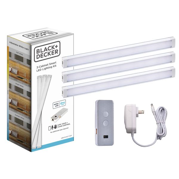 BLACK+DECKER Works with Alexa Smart Under Cabinet Lighting Kit, Adjustable LEDs, (3) 9" Bars White