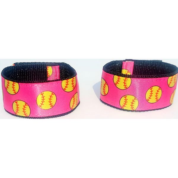 Fastpitch Softball Sleeve Scrunchies Pink with Yellow softballs, Sleeve Holders, sleeve straps From the original USA Inventor, over 8 million sold