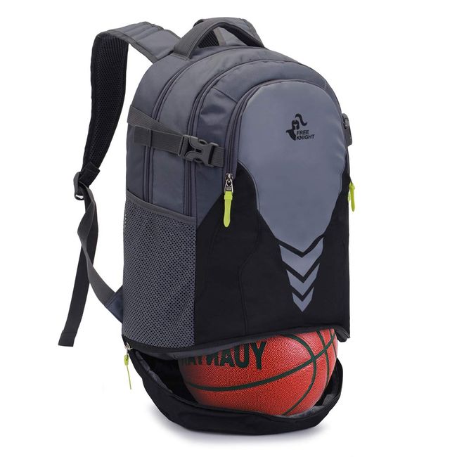 Lightweight 35L Athletic Basketball Backpack, Multifunctional Leisure Laptop Backpack,Sports and Gym Backpack with Bottom Ball Compartment (Black Gray)