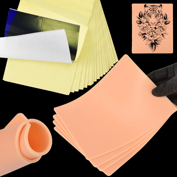 Practice Skins with Transfer Paper - 30Pcs Tattoo Fake Skin and Stencil Paper Kit Includes 25Pcs Tattoo Paper and 5Pcs 3mm Double Sided Tattoo Skin Practice