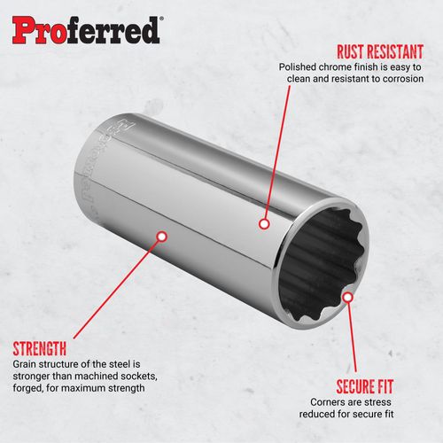 Proferred S23330 1/2" Drive SAE Socket, 15/16" Deep 12 Point