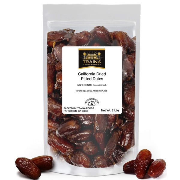 Traina Home Grown California Dried Pitted Dates - Healthy, No Added Sugar, Non GMO, Kosher Certified, Vegan, Packed in Resealable Pouch (2 lbs)