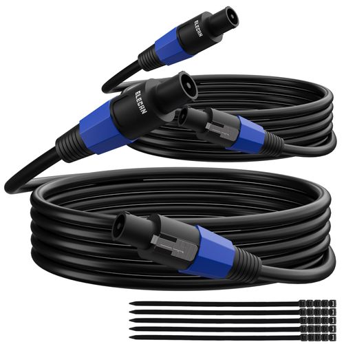 Elecan Professional Male Speakon to Speakon Cable 10 Ft/2 Pack with NL4FC Port, 12AWG Heavy-Duty High Power Audio Cable Cord DJ/PA Amplifier Speaker Cable Wire with Twist Lock, 9.5mm OD, Black +Ties