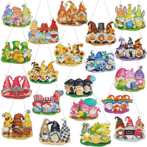Chunful 20 Pcs Seasonal Diamond Art Wreath Kits Holidays Summer Fall 5d DIY Diamond Art Painting Hanging Signs Thanksgiving Halloween Ornaments for Adults Office Holiday Wall Home Decoration(Gnome)