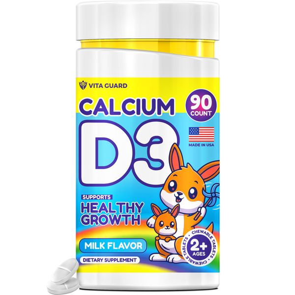 Vita Guard Calcium D3 Chewable Tablets for Kids – 640 mg Calcium & 320 IU Vitamin D3 – Non-GMO, Organic – Milk Flavor – Bone & Teeth Support Supplement – 90 Tablets for Ages 2+