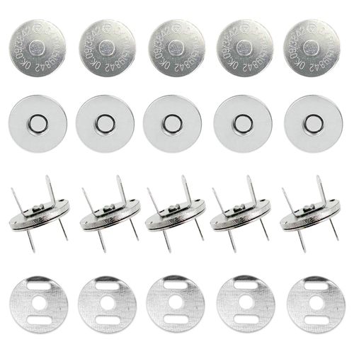 Trimming Shop 10 x 18mm Silver Magnetic Snap Fastener for Purses, Bags, Crafts Sewing, and Clothing Repair, Clasp with Male and Female Parts - Press Stud Closure with 2 Metal Backing Washers
